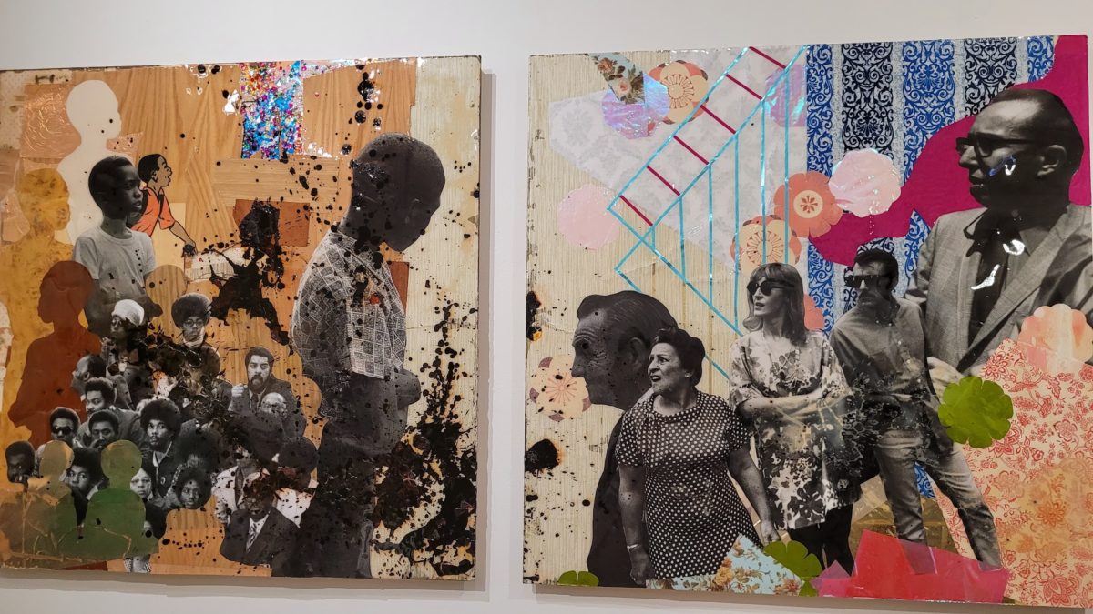A diptych framed on the wall. On the left, collage cutouts of black folk are surrounded with rich colors splattered in dark shoe polish. On the right, cutouts of white people stand and stare at the other half of the piece against a floral background.